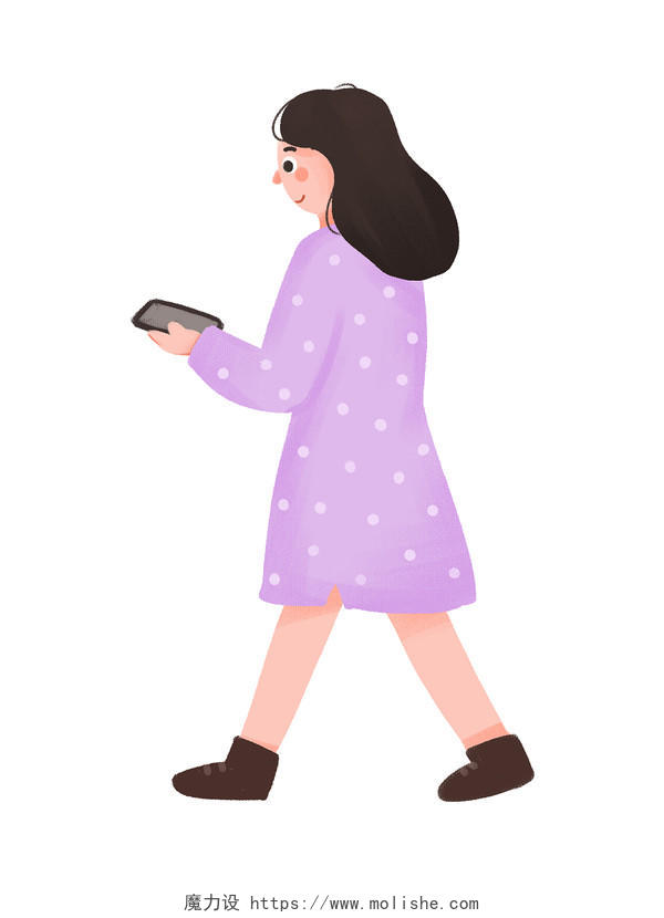紫色手绘卡通女孩人物走路玩手机元素PNG素材